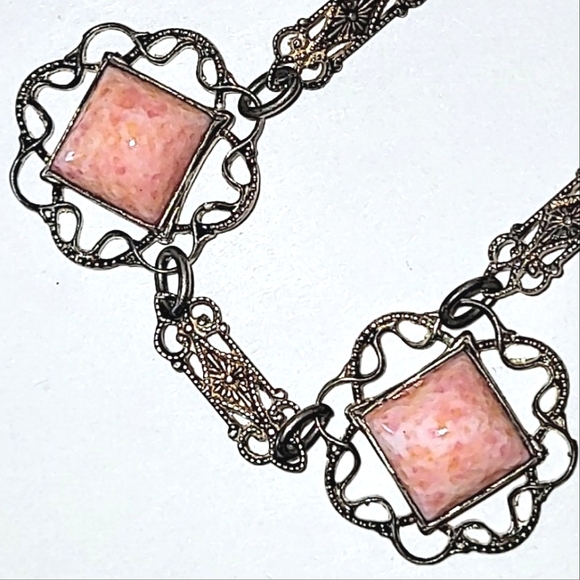 ANTIQUE ART NOUVEAU CORAL COLORED MARBLED GLASS & FILIGREE CHOKER NECKLACE - Picture 4 of 11